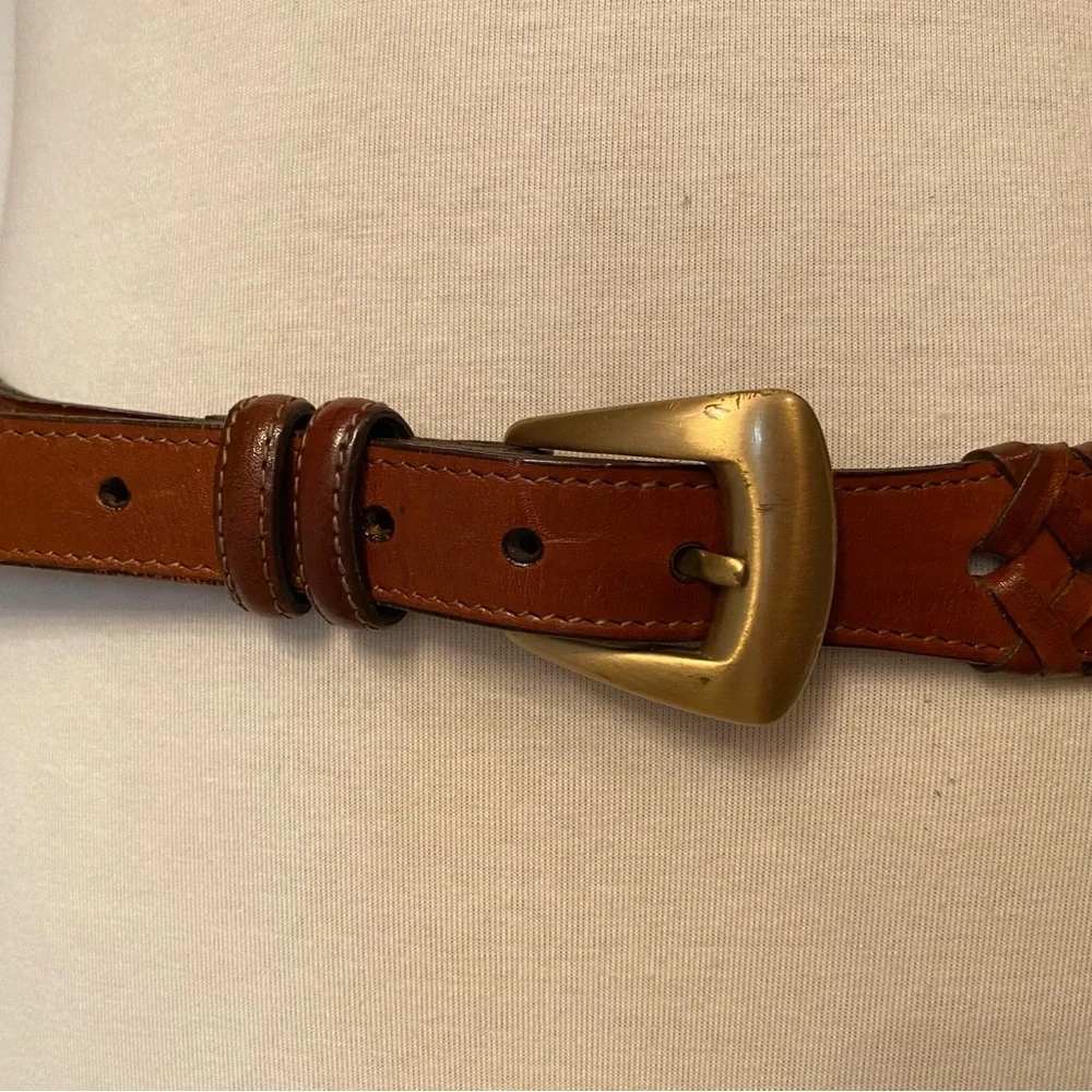 TORINO BELT BROWN LEATHER WOVEN & SMOOTH USA GOLD TONE ITALY BUCKLE SIZE 38